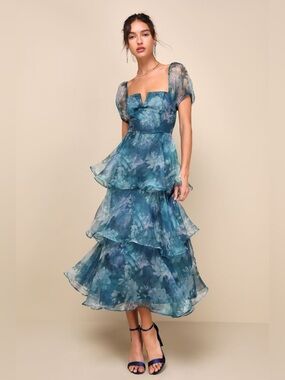 Lulu’s Darling Vision Teal Floral Organza Puff Sleeve Tiered Midi Dress